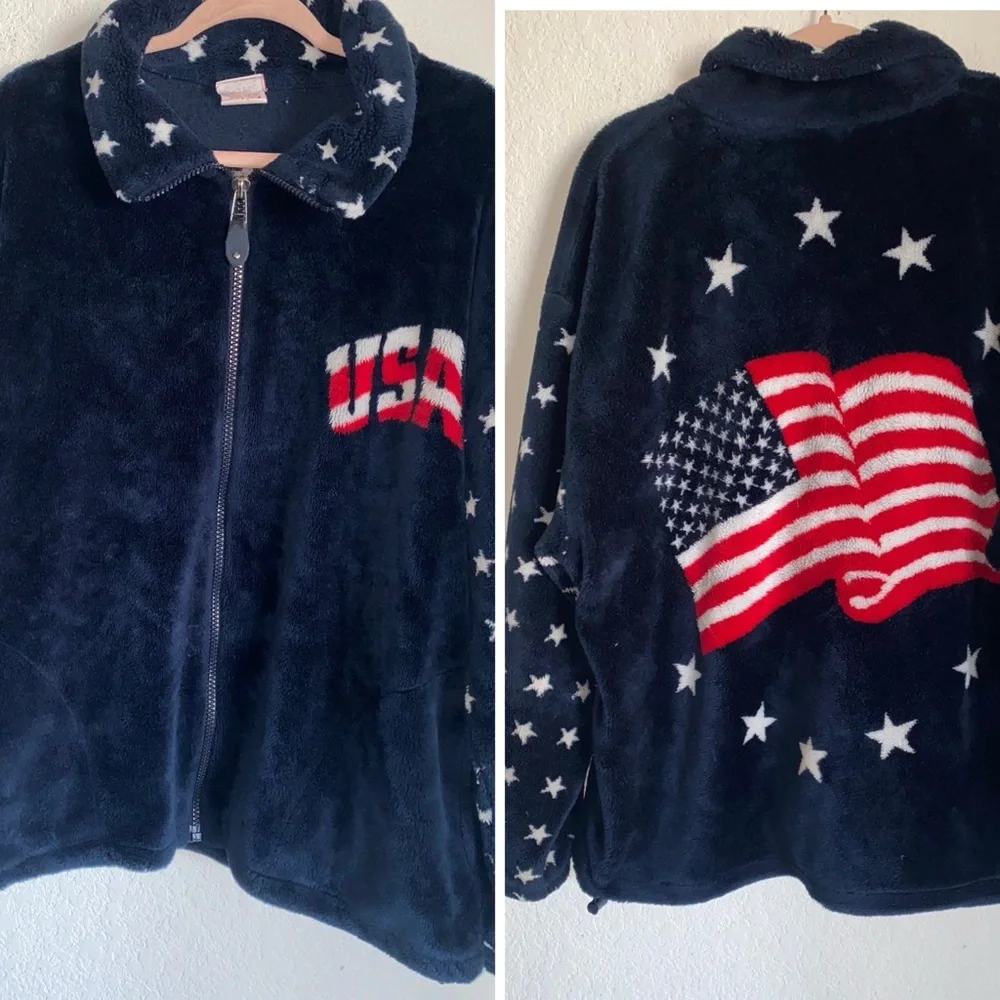 Vintage USA Logo Flag Patriotic Fleece Red White Blue Zip Up Graphic Jacket L